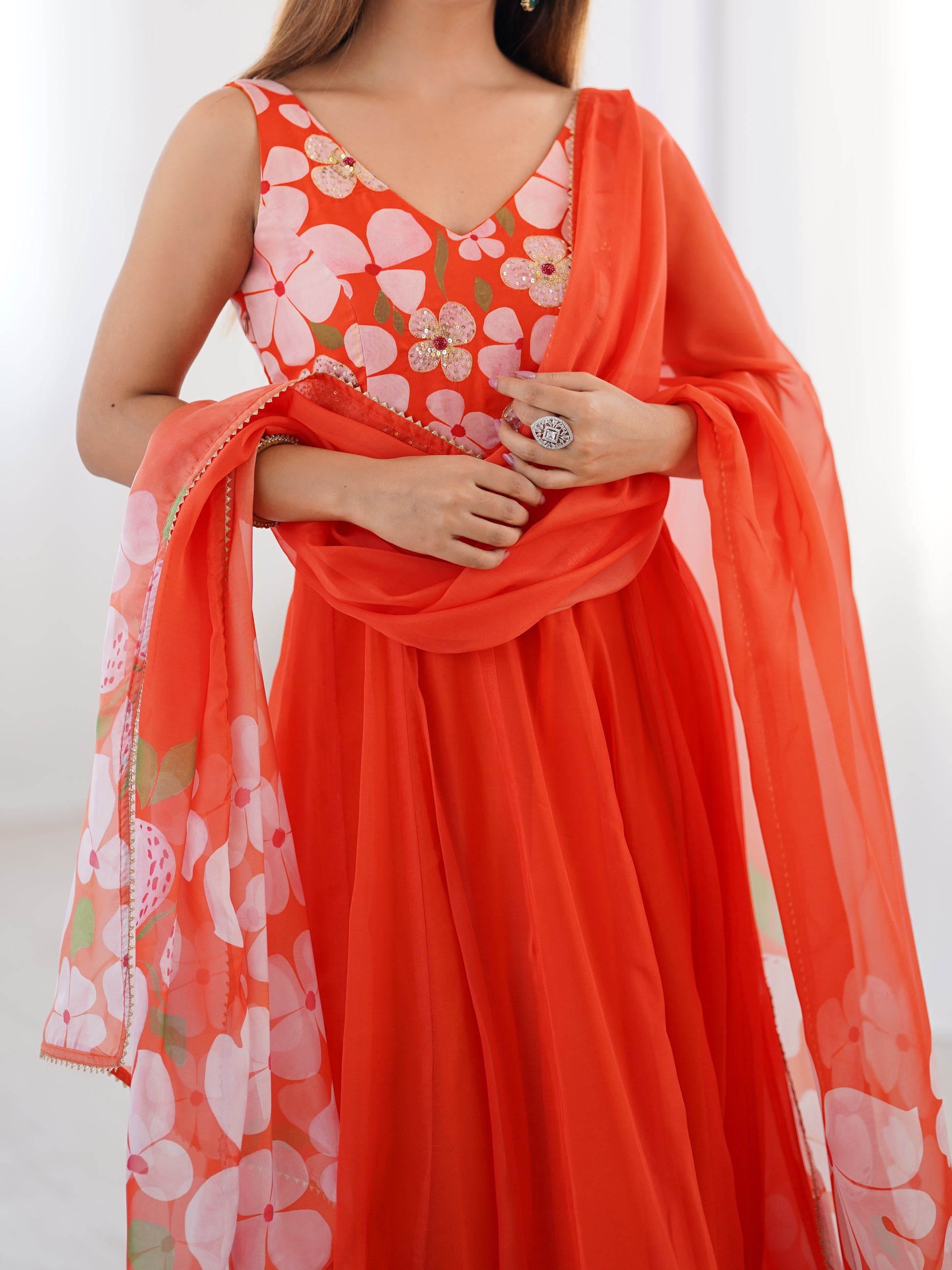 Floral Print Hand work gown - 1140