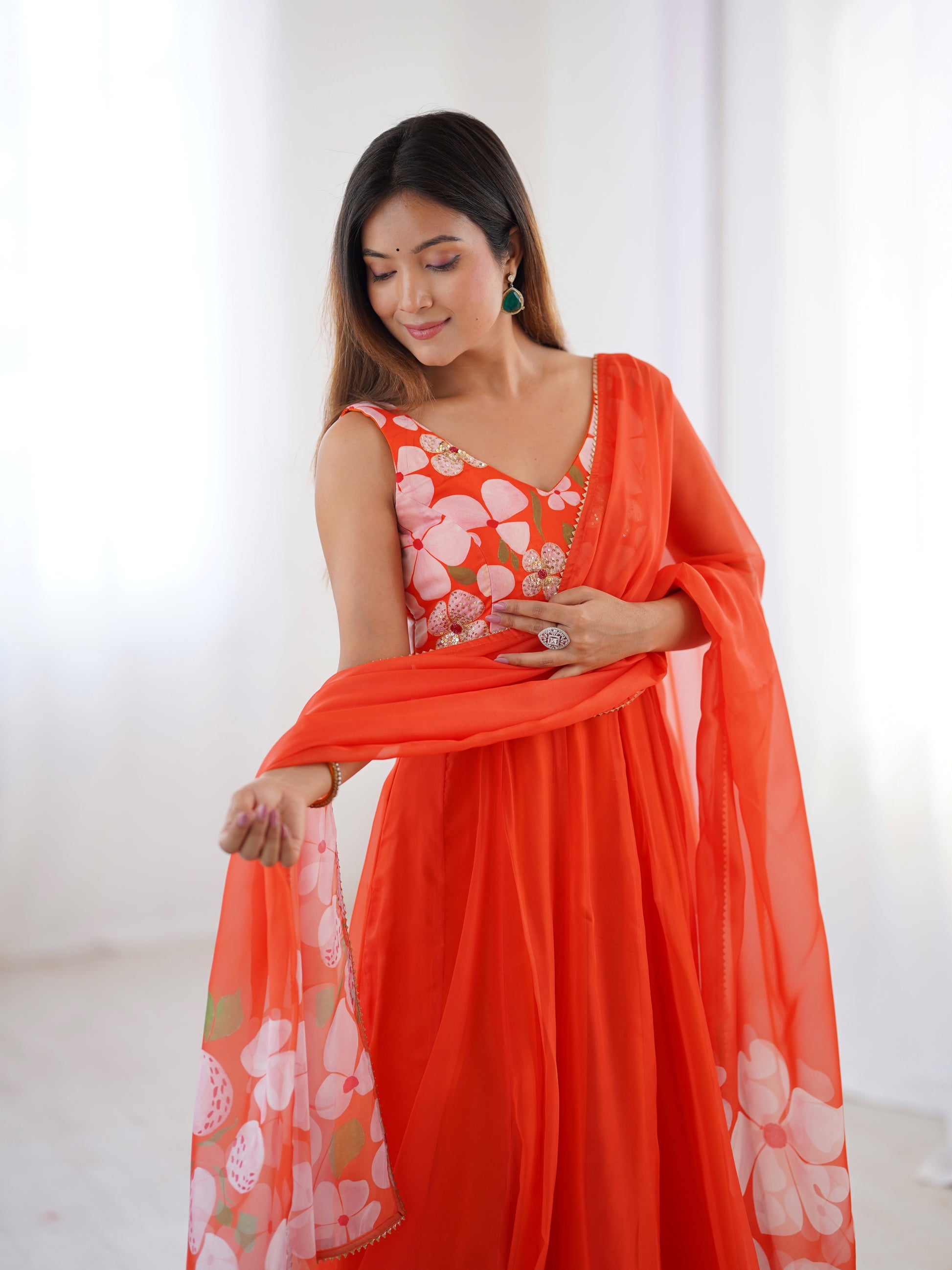 Floral Print Hand work gown - 1140