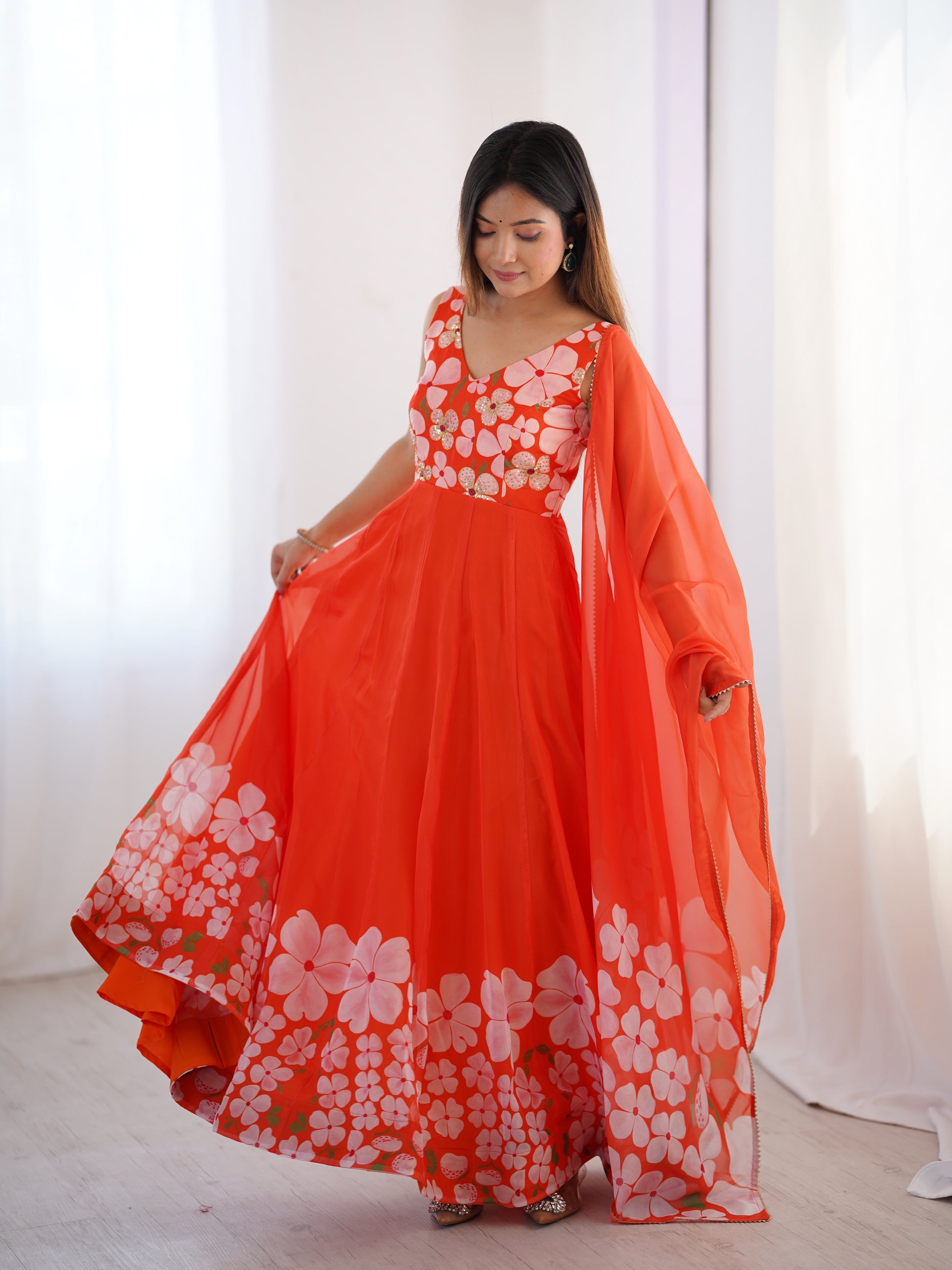 Floral Print Hand work gown - 1140