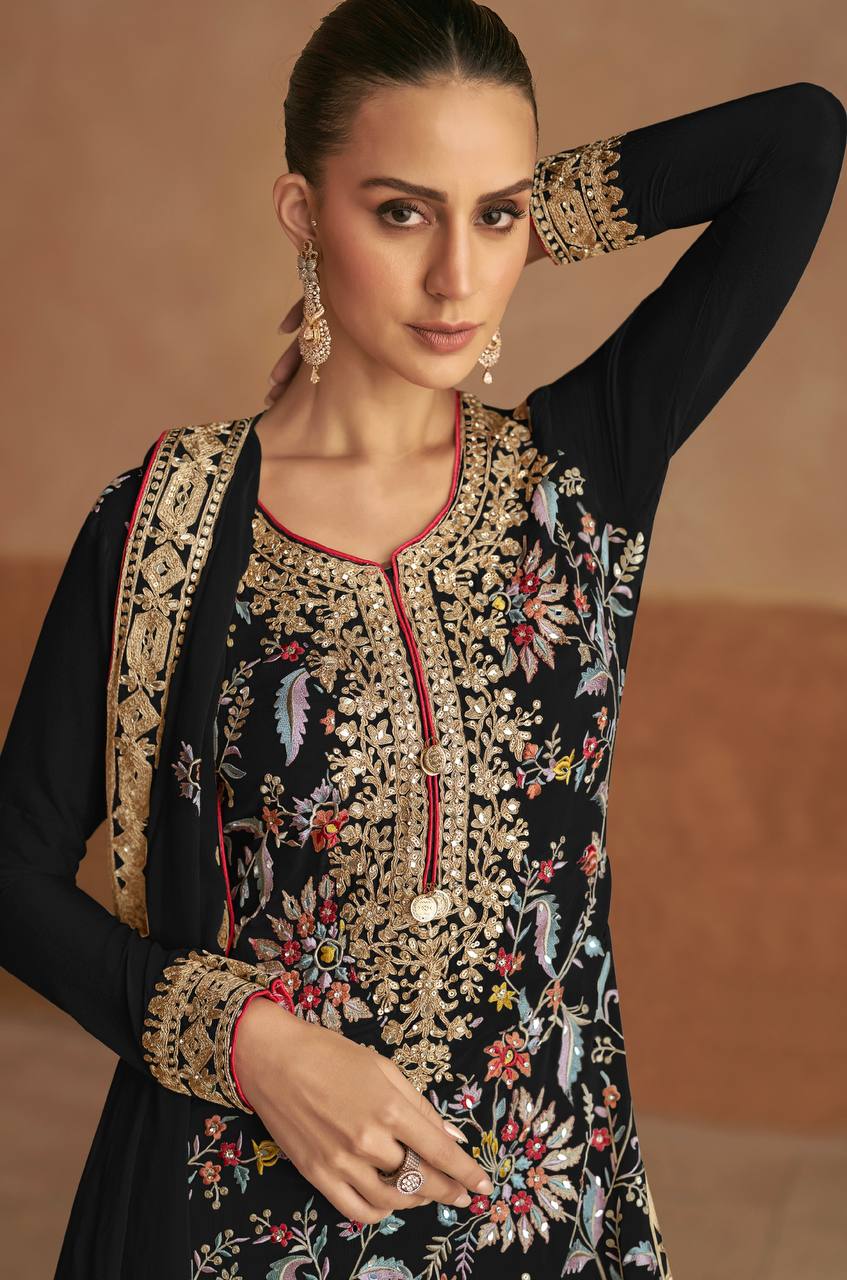Black Elegant Chinon Embroidered Suit with Dupatta