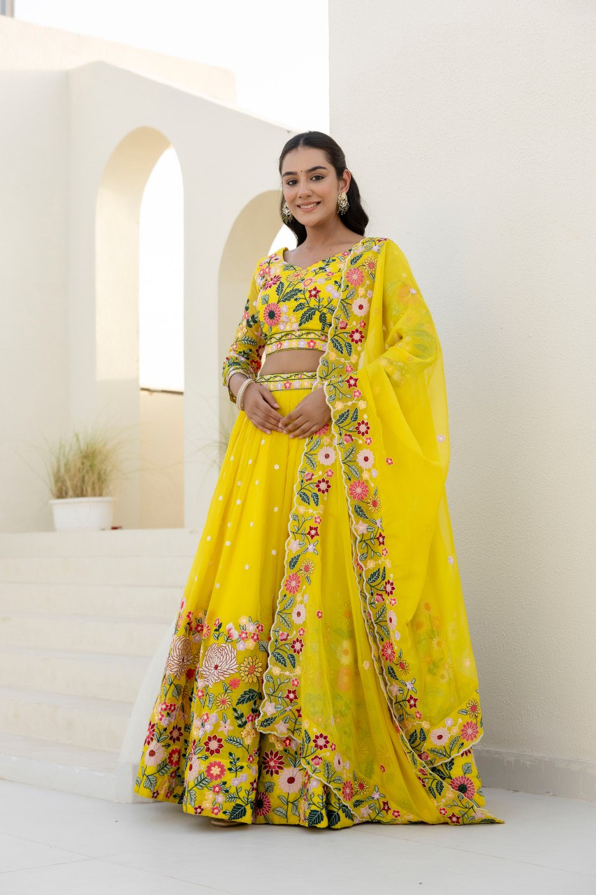 Floral embroidered yellow organza Lehenga set - 1374