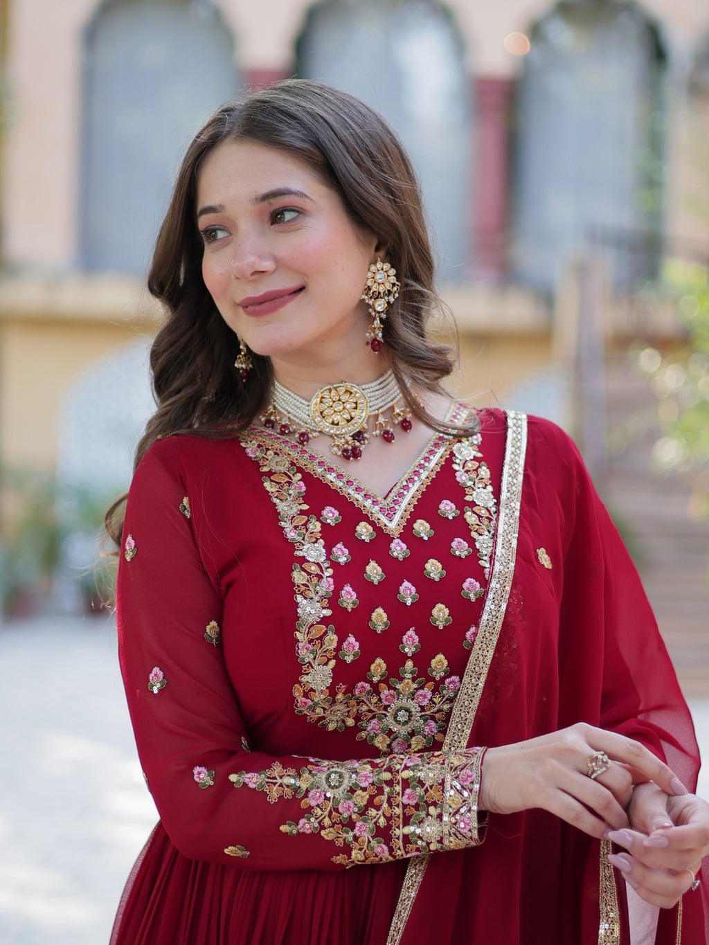 Enchanting Maroon Embroidered Georgette Festival Wear Gown - 1487