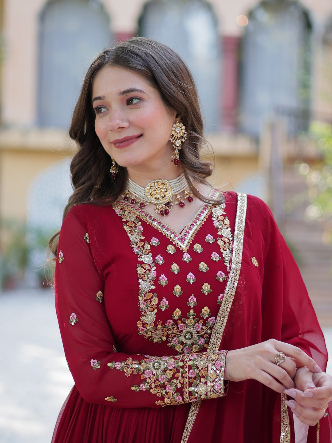 Enchanting Maroon Embroidered Georgette Festival Wear Gown - 1487