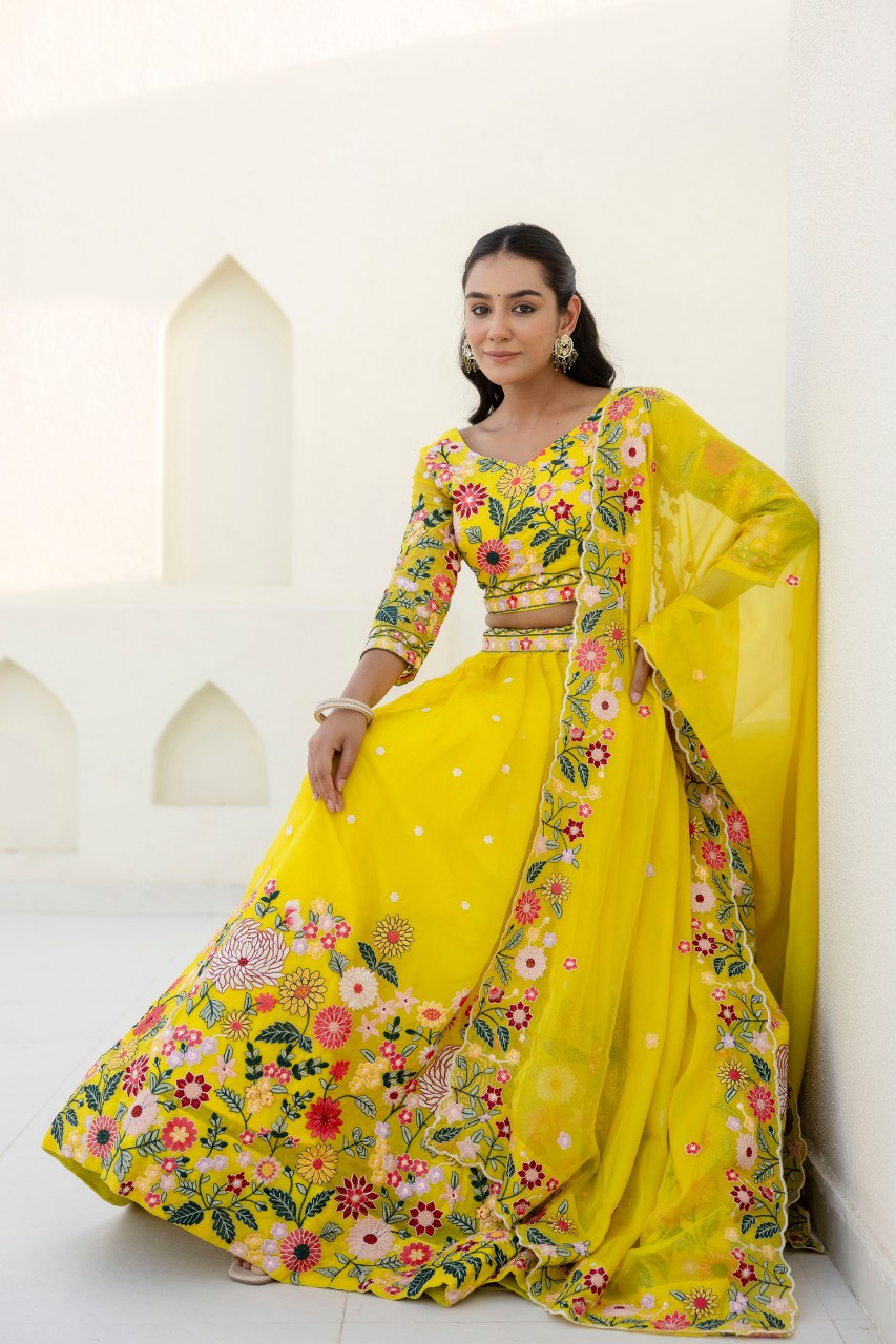 Floral embroidered yellow organza Lehenga set - 1374