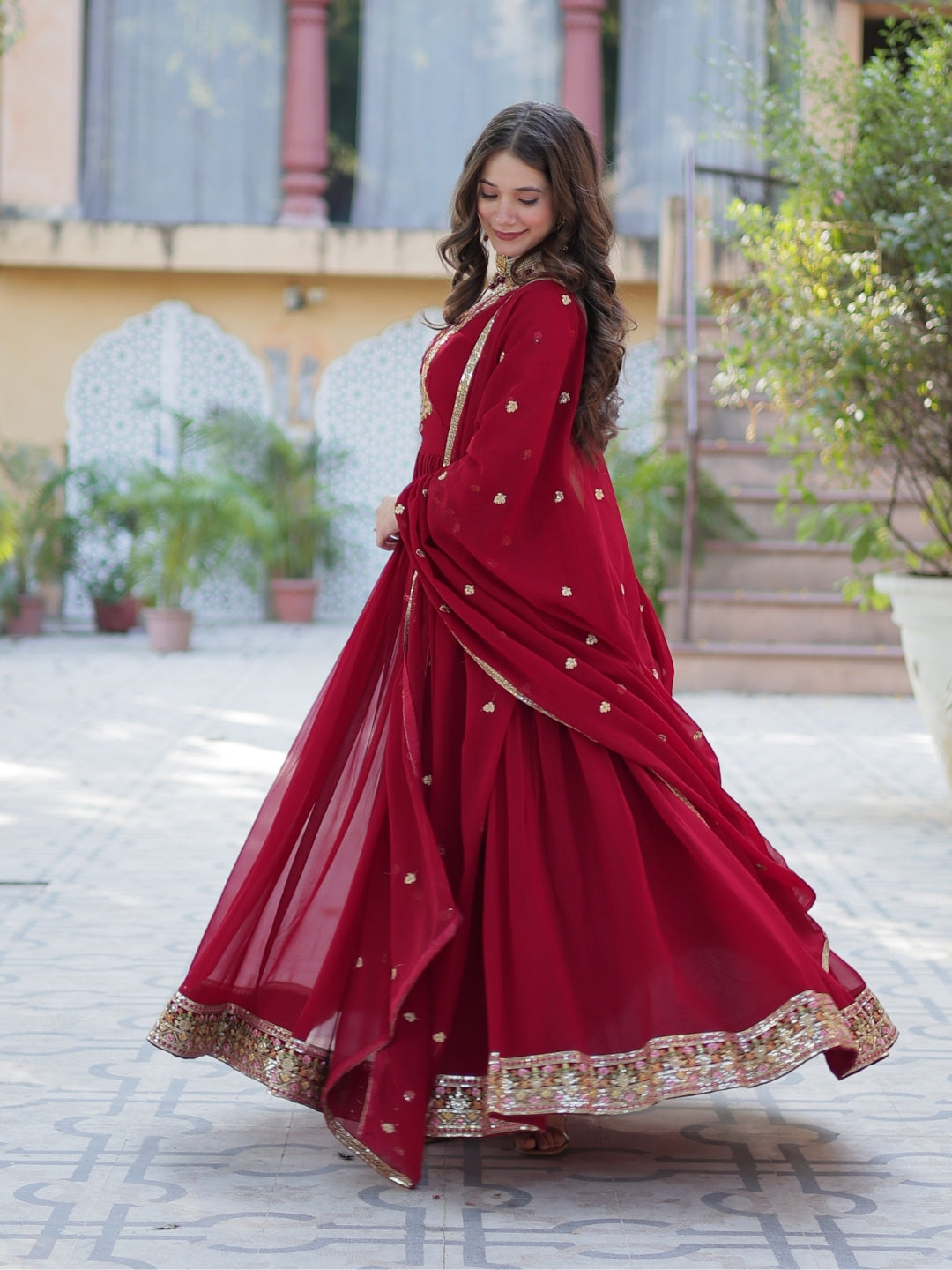 Enchanting Maroon Embroidered Georgette Festival Wear Gown - 1487