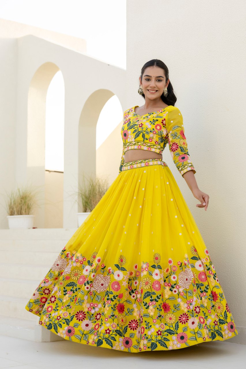 Floral embroidered yellow organza Lehenga set - 1374