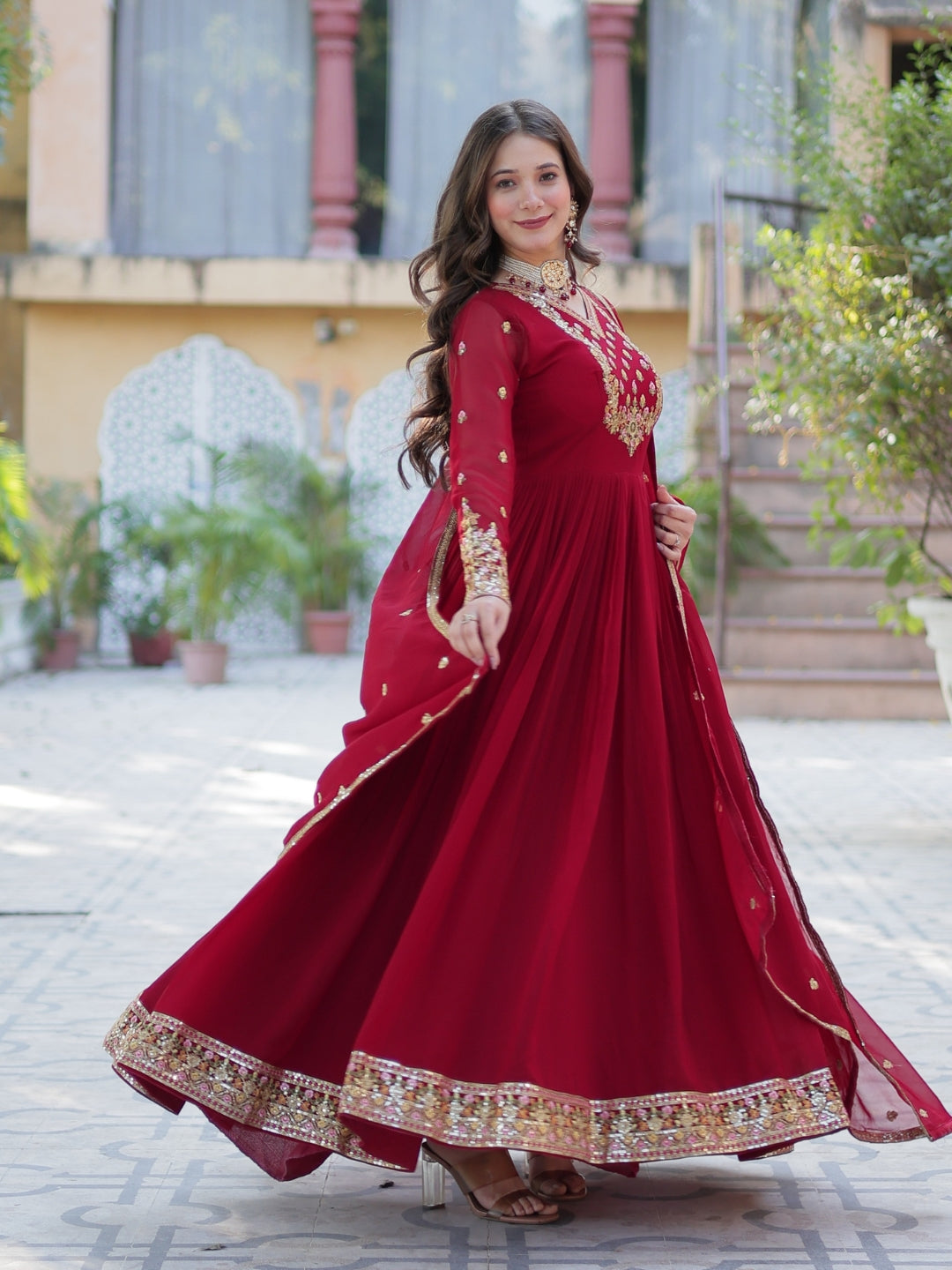 Enchanting Maroon Embroidered Georgette Festival Wear Gown - 1487