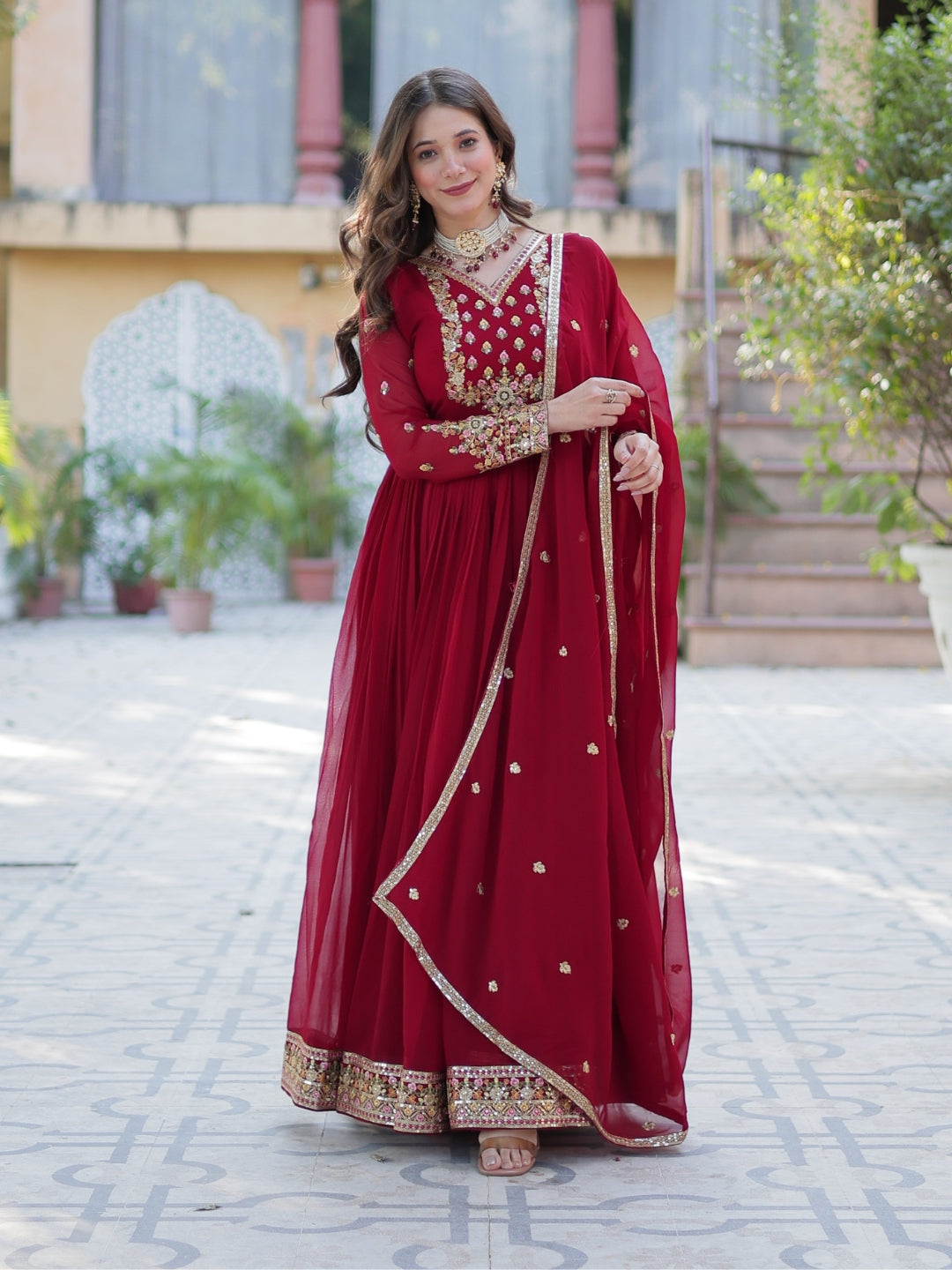 Enchanting Maroon Embroidered Georgette Festival Wear Gown - 1487