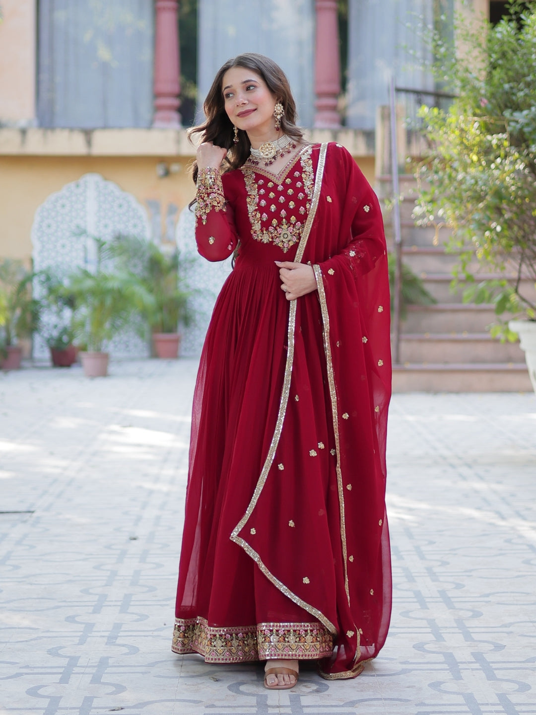 Enchanting Maroon Embroidered Georgette Festival Wear Gown - 1487