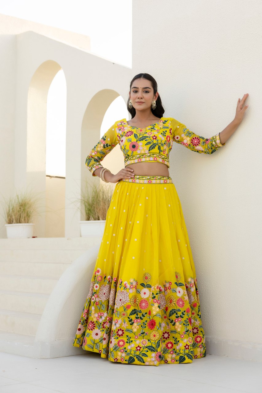 Floral embroidered yellow organza Lehenga set - 1374